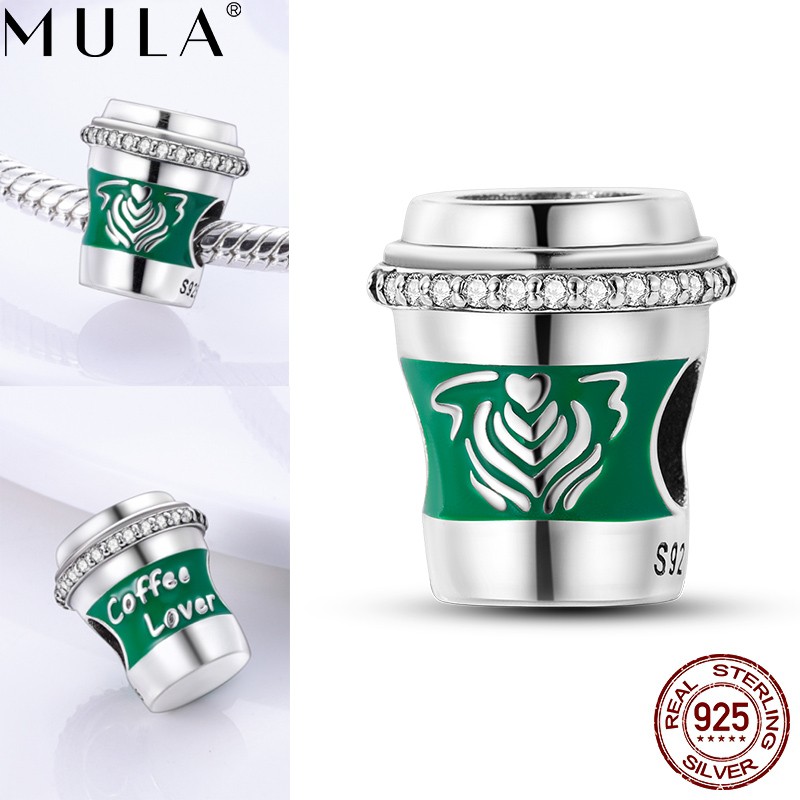 MULA European 925 Sterling Silver Coffee Cup DIY Charm Pink CZ Fit Lady Bracelet