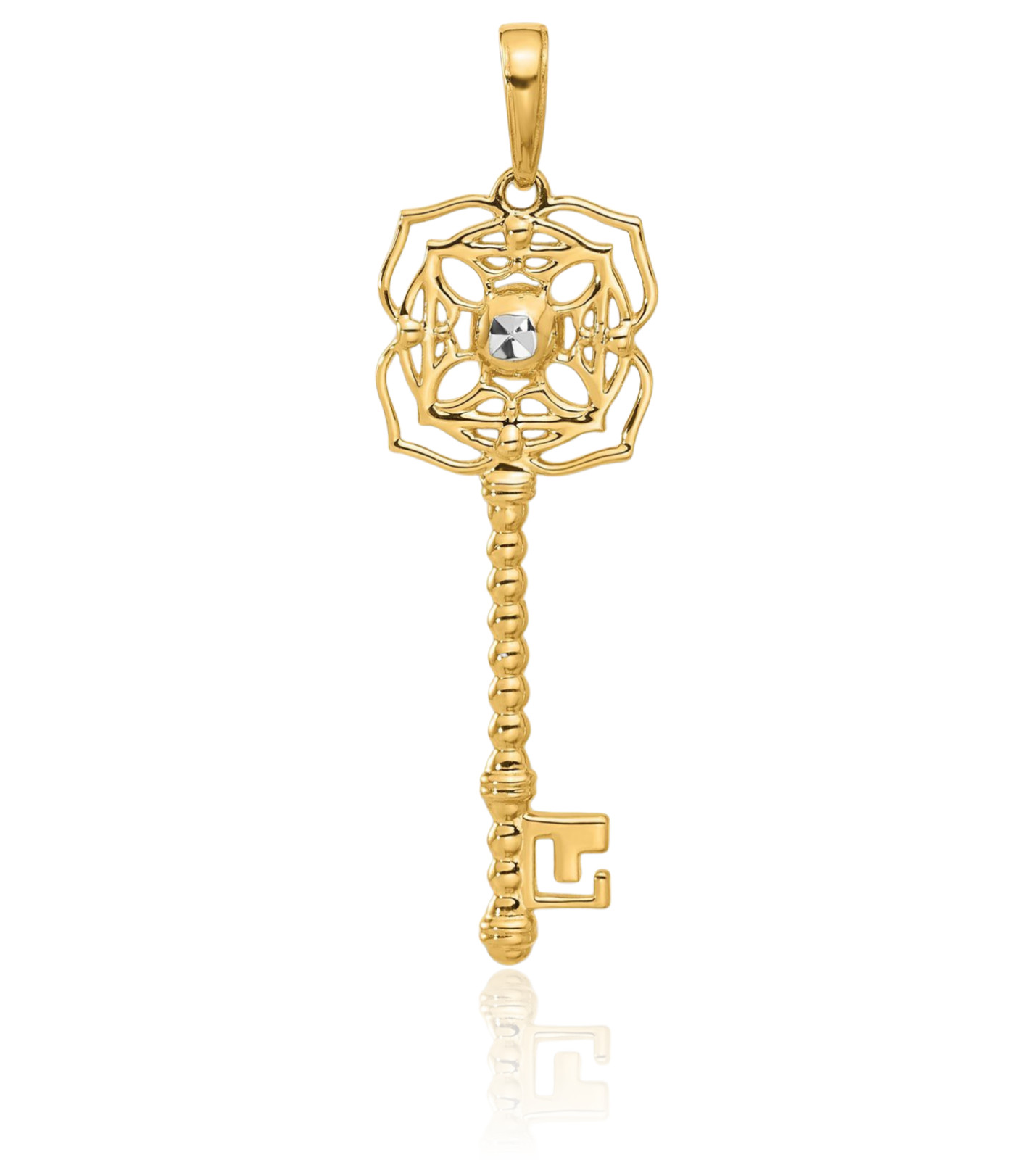 14K Solid Two Tone Gold Filigree Extra Large Flower Key Pendant Necklace 37.4mm