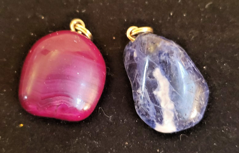 Whimsical, Boho, Earthy – Two Polished Stone Pendants – Red/Burgundy and Blue