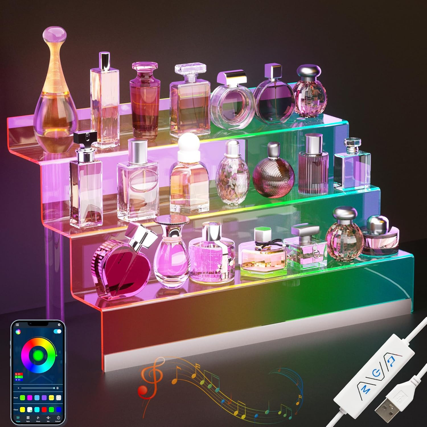 16” Acrylic Display Organizer with LED Light – 3 Tier Perfume Stand and Display