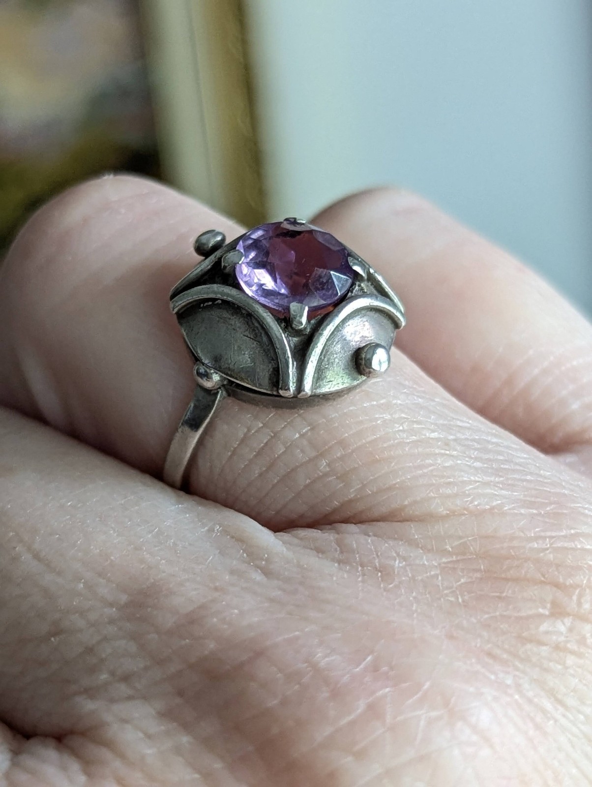 Vintage Amethyst & 835 Silver Ring-Unusual Setting-Lavender Gemstone