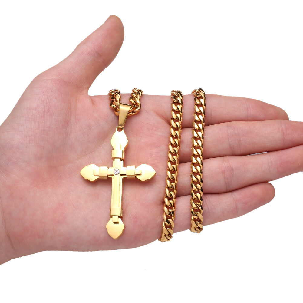 Men Women Stainless Steel Cross Pendant Necklace with CZ 18-34inch 5 Colors