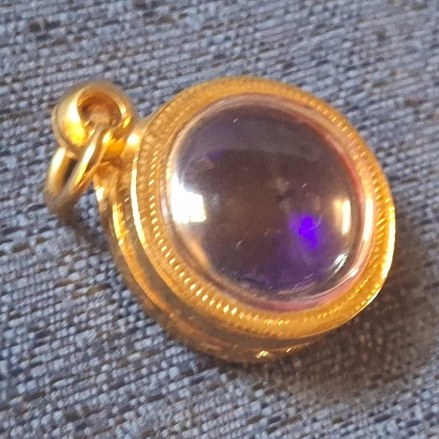 Vintage Gold Tone And Purple Pendant With Engraving