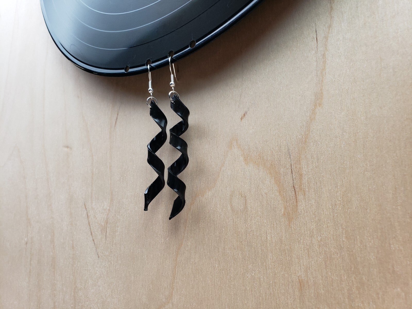 Upcycled Earrings Spiral Ribbon Twist 3D Curl Made From Upcycled LP Rock N Roll