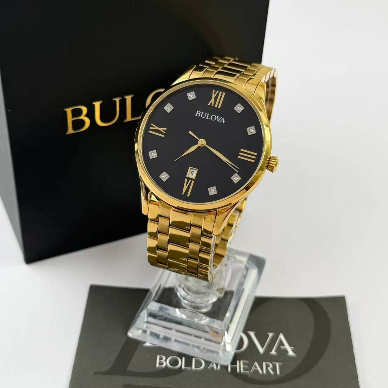 New Bulova 40 mm 97D108 Diamond Black Dial Gold Bracelet Men’s Quartz Watch