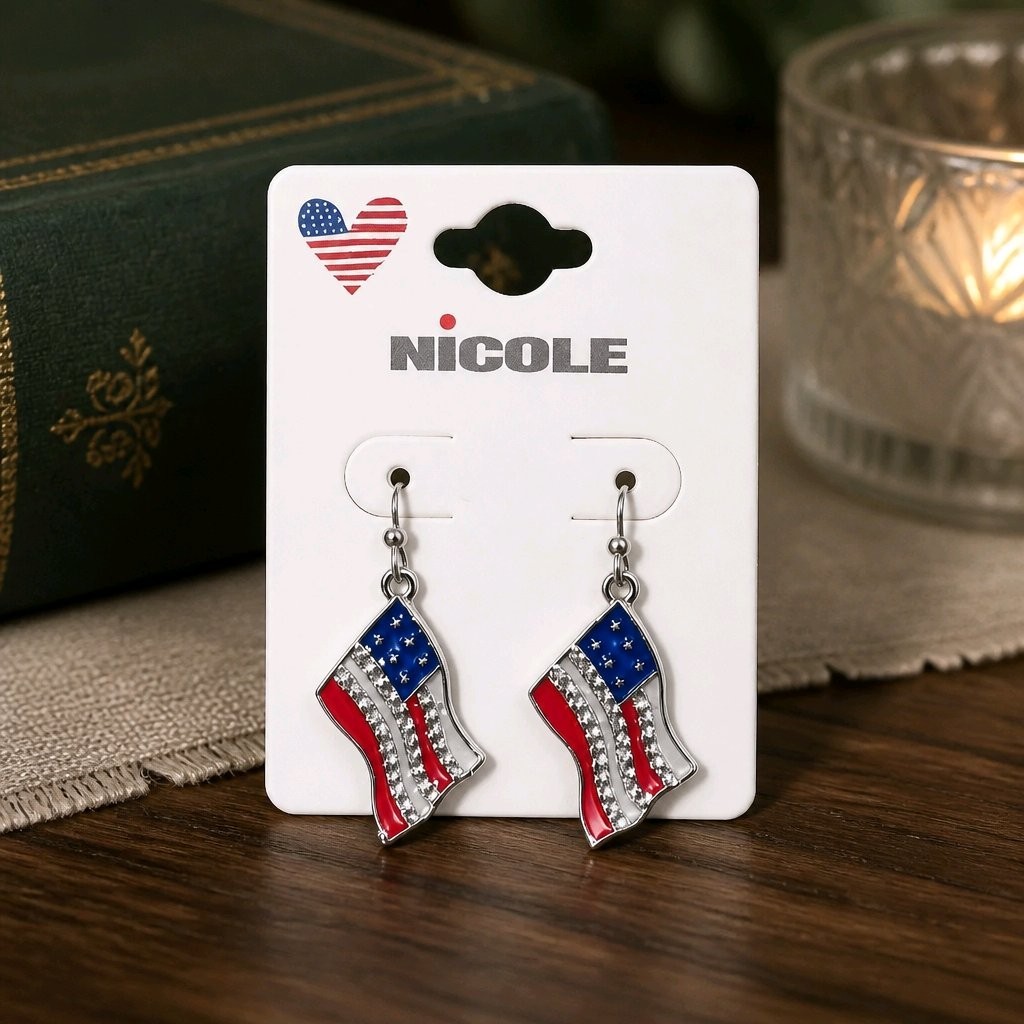 American Flag Dangle Earrings Rhinestone Enamel Patriotic 4th of July New USA