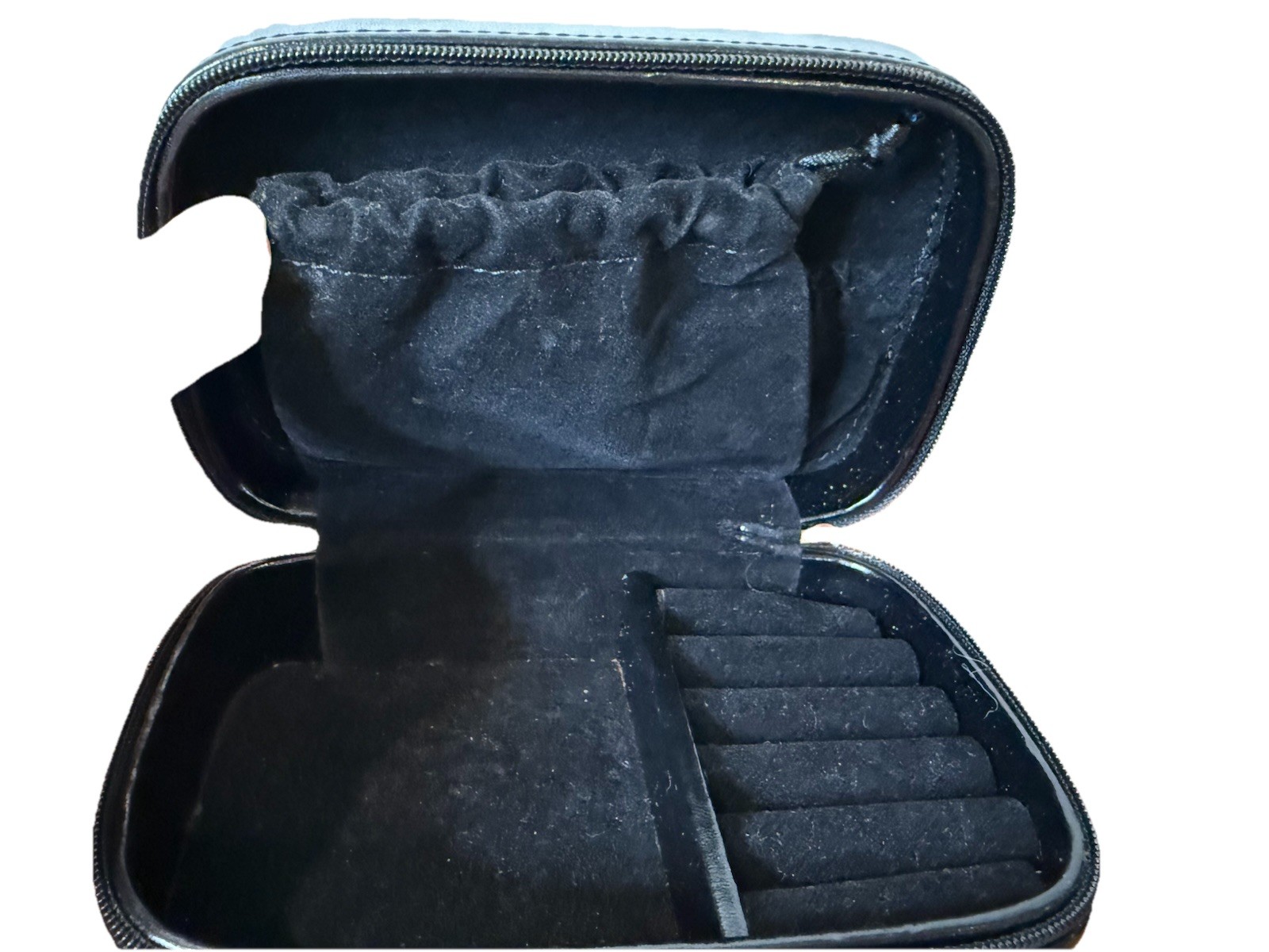 Black Travel Jewelry Case Faux Leather Zip. Velvet lining excellent condition.