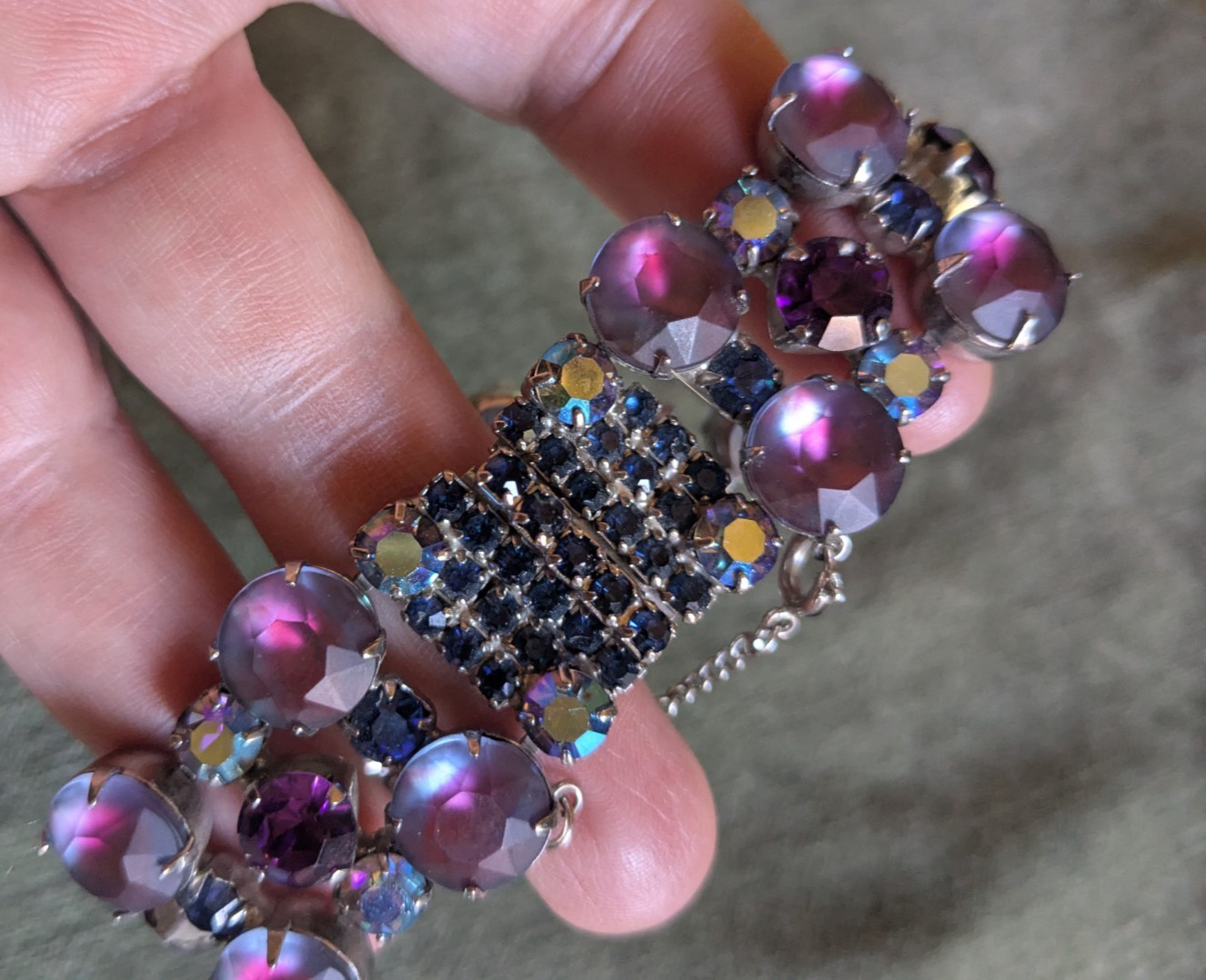Vintage rhinestone bracelet pink, purple, blue MCM cuff safety chain unsigned