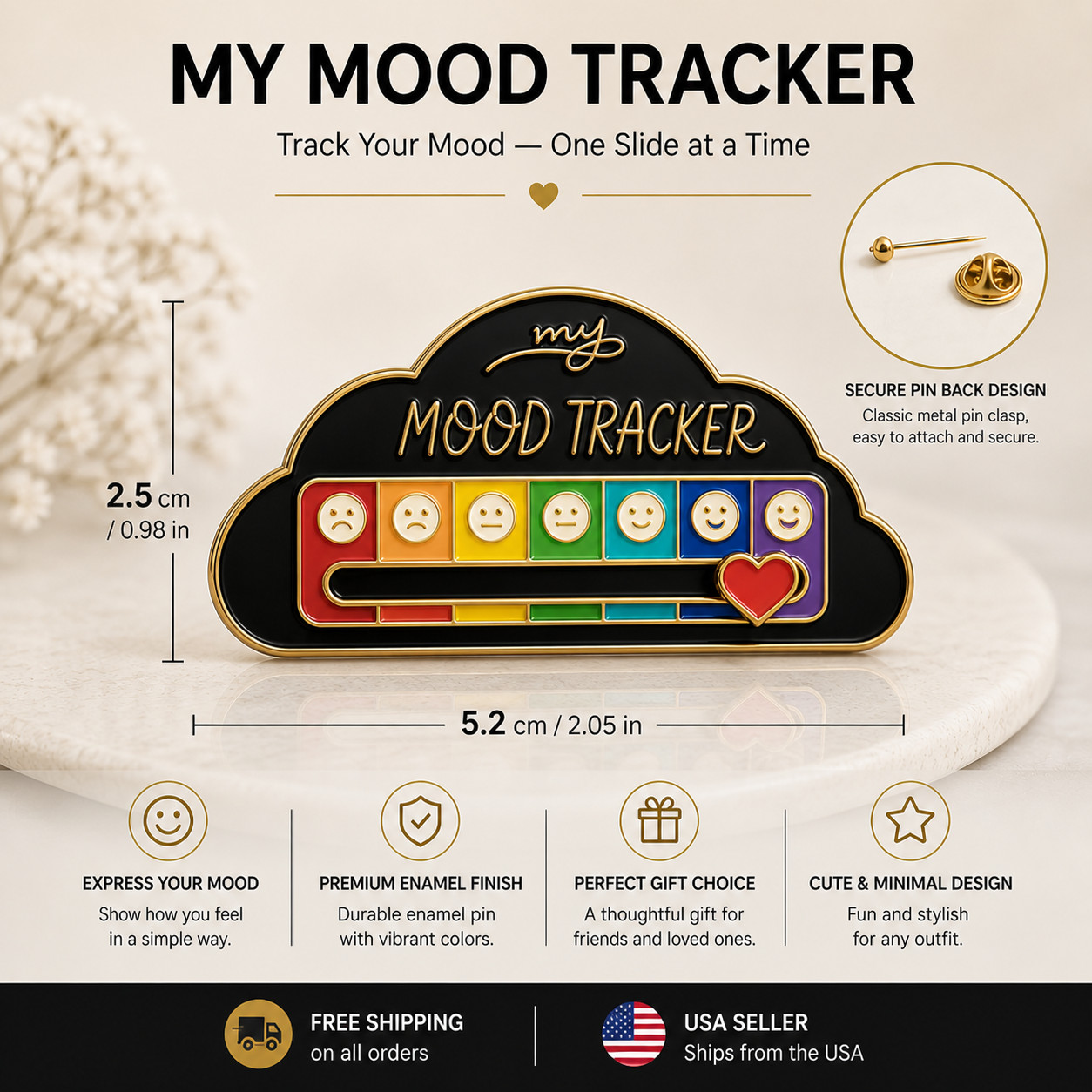 Funny Social Battery Slider Pin – 7-Mood Expression Badge, Cute Interactive Pin