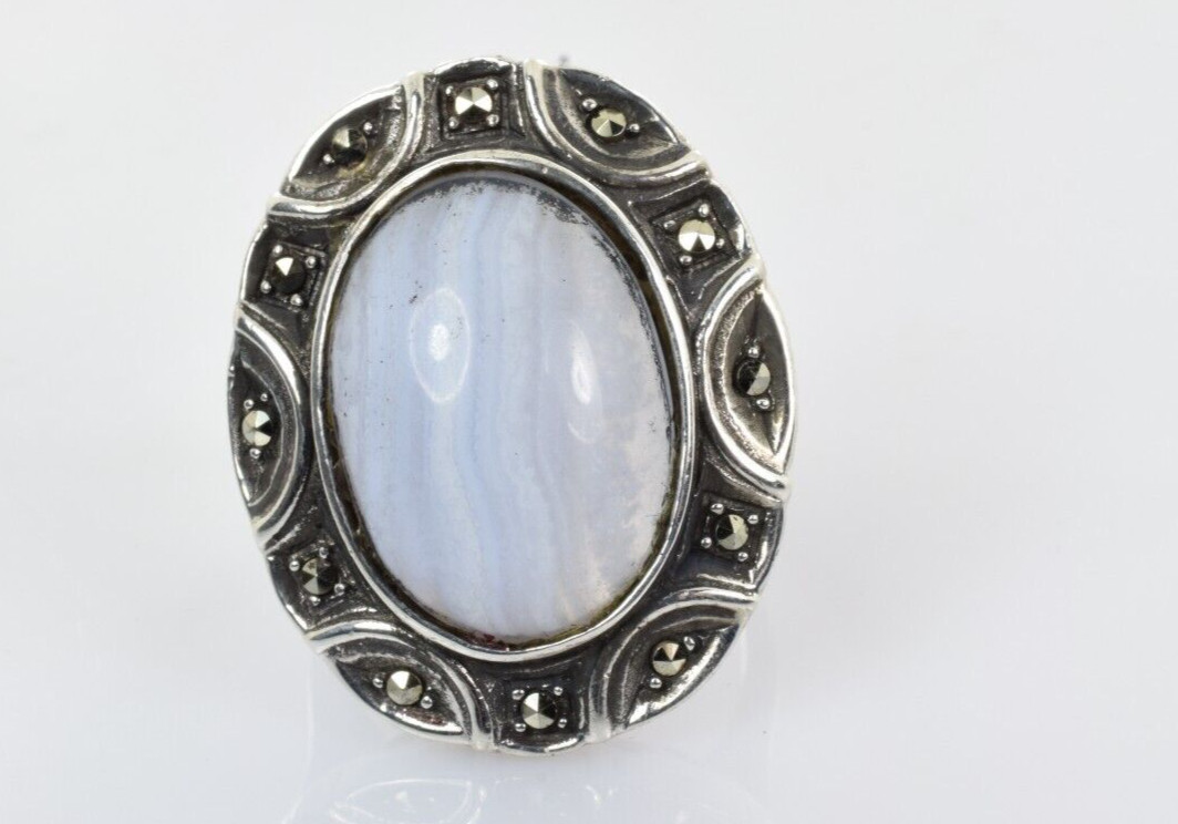 Blue Lace Agate & Marcasite Sterling Silver Ring Size 6