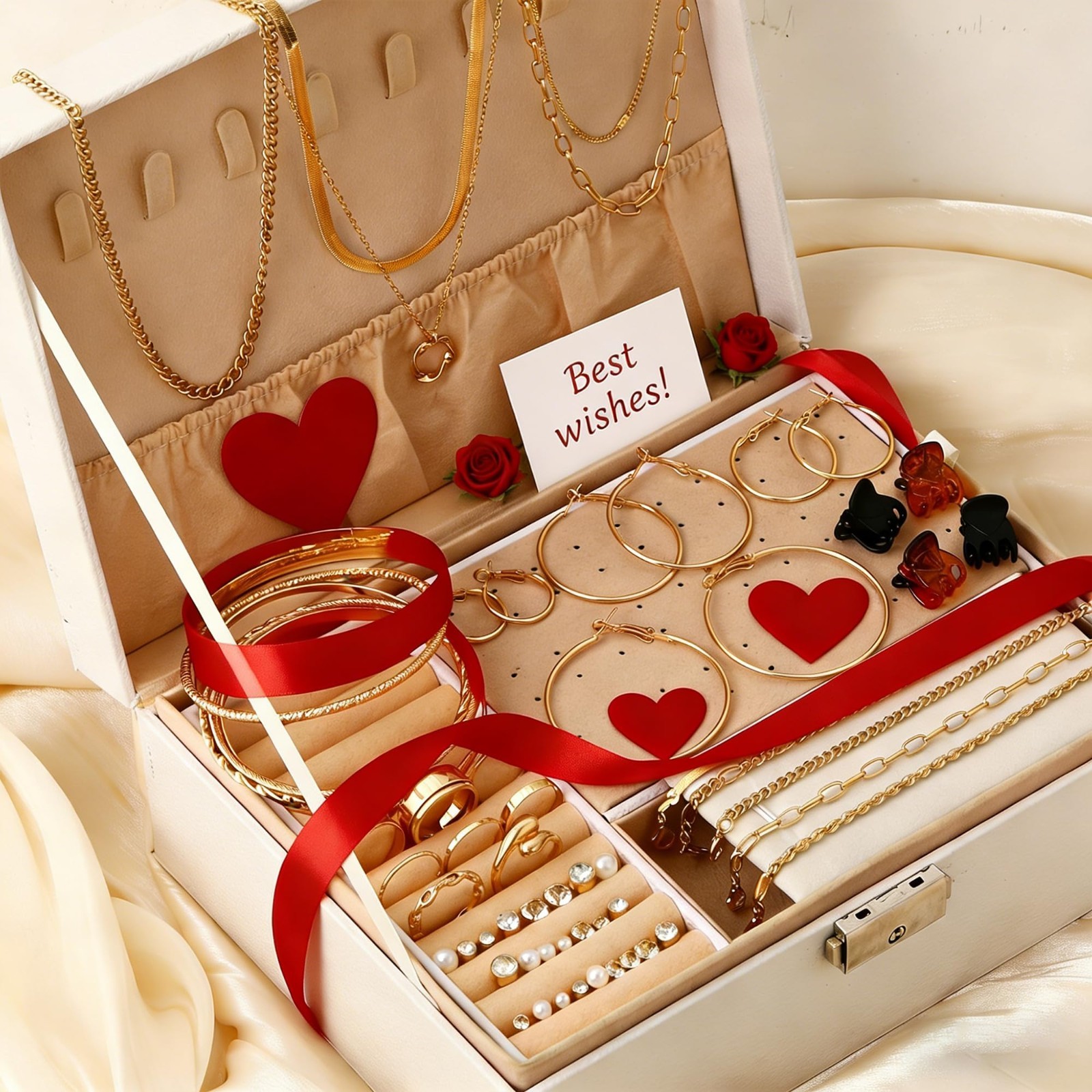56 Pcs Gold Jewelry Set for Women – Layered Necklaces, Bracelets, Earrings & Rin