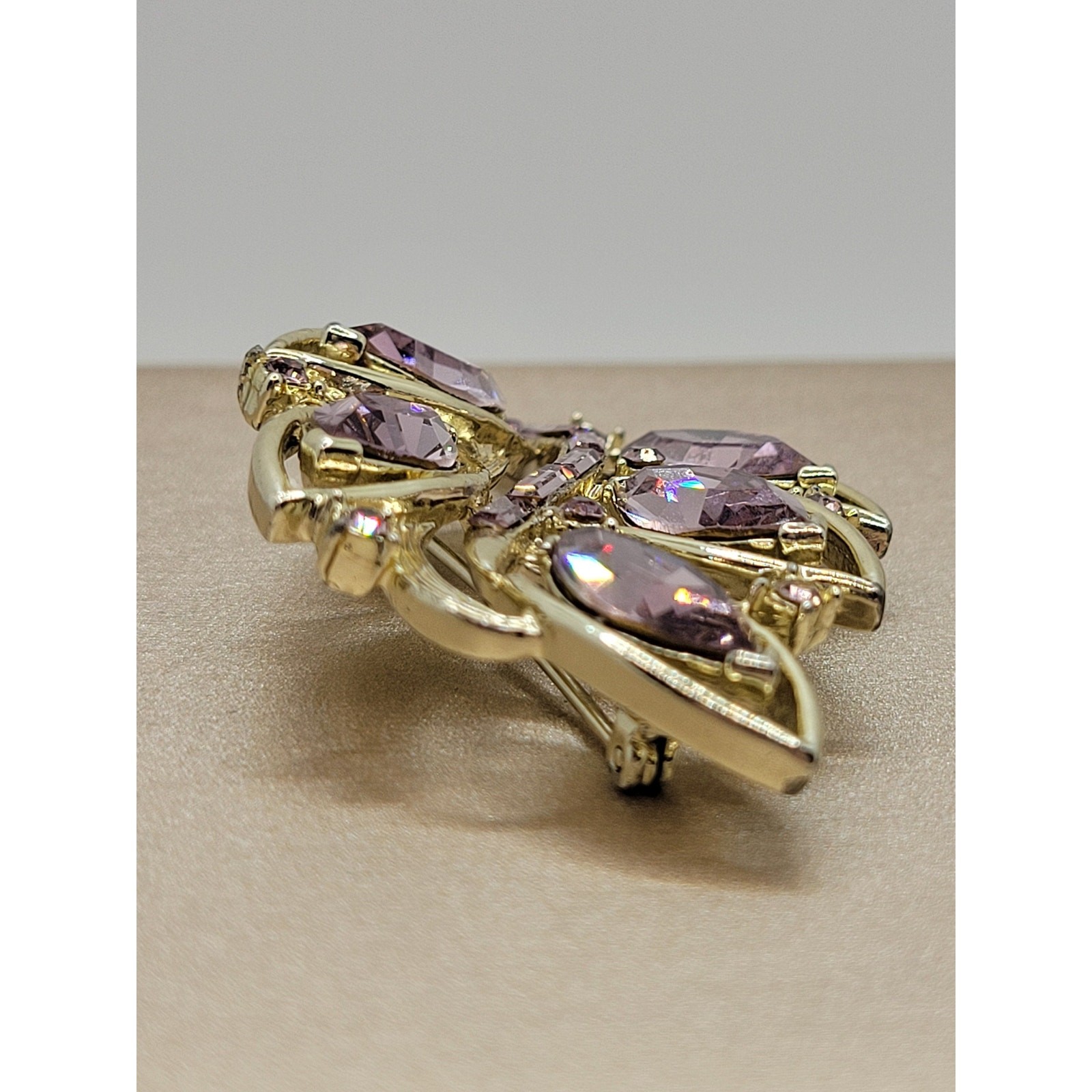 Vintage Kramer Rhinestone Leaf Brooch Amethyst Purple Baguette Marquise Signed