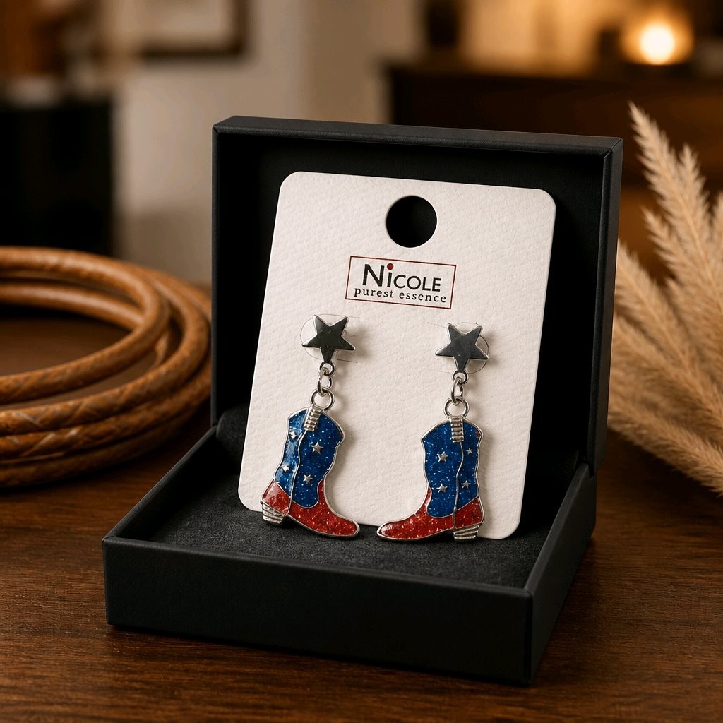 Patriotic Cowboy Boot Dangle Earrings Fourth of July Red White Blue Western Star