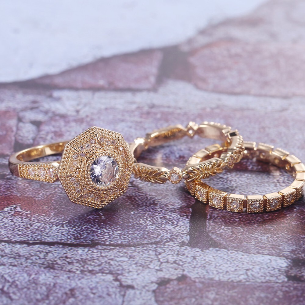 Gold Plated Geometric Vintage Ring Set 2Ct CZ Wedding Trio Set Couple Gifts Band