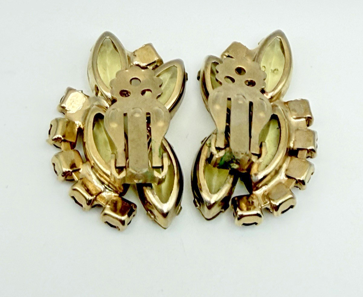 Vintage D&E Juliana Attributed Yellow Navette Topaz Rhinestone Clip Earrings