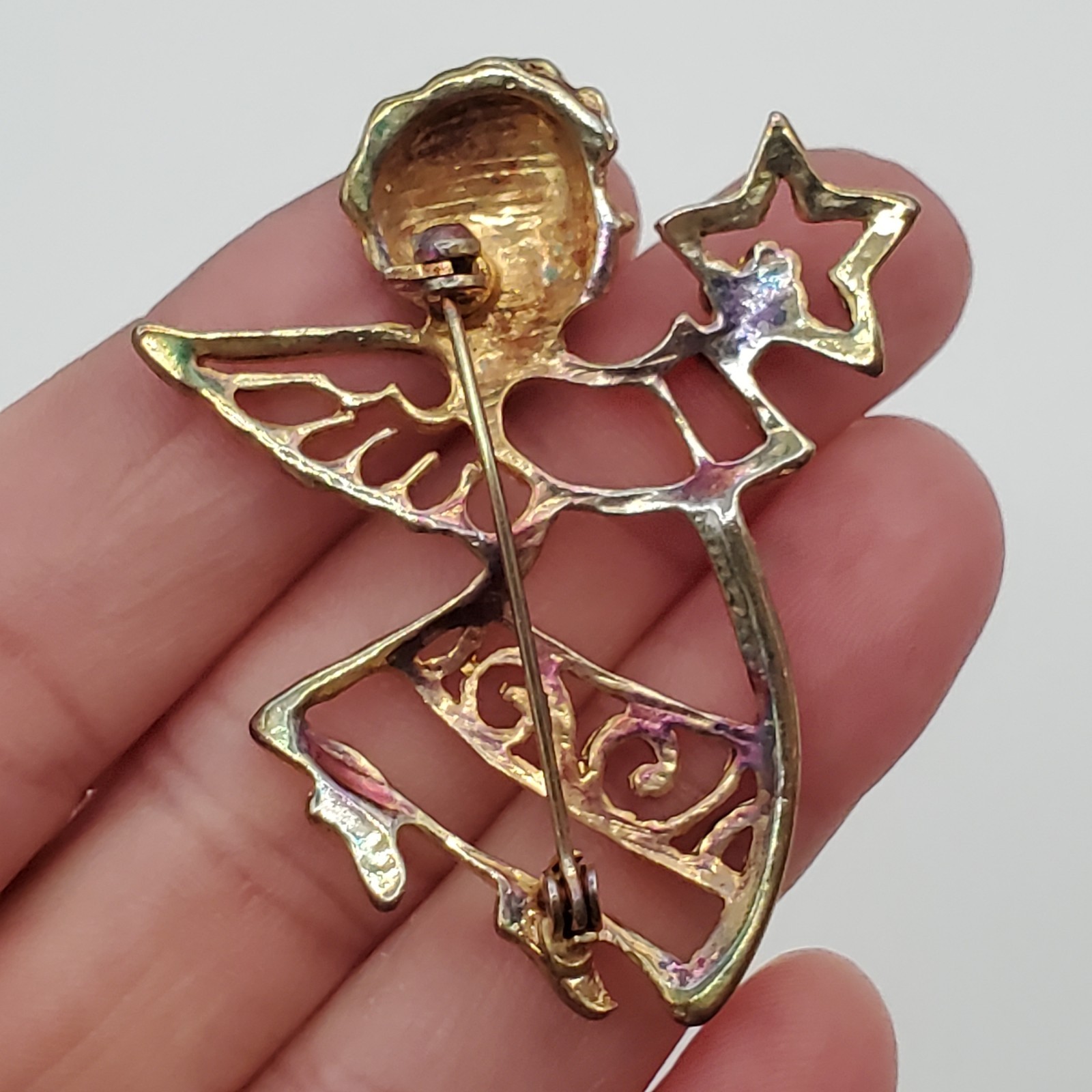 VTG Angel Brooch 2in Gold Tone Angel Star Celestial Open Work Cutout Estate Pin