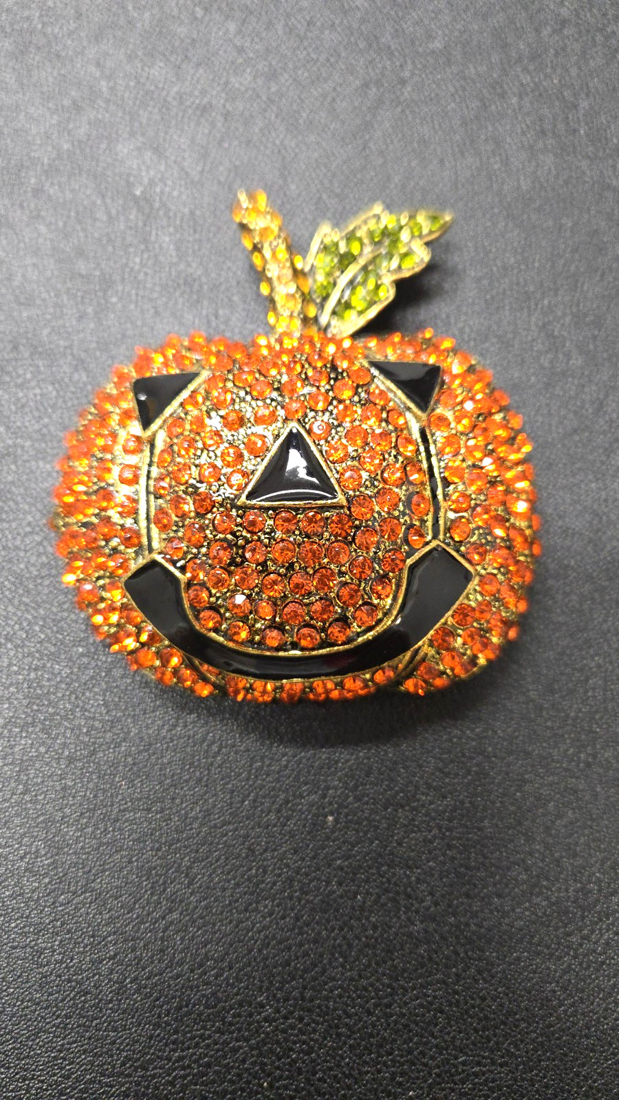 Extra Large Pumpkin Brooch Orange Crystal Rhinestone Black Enamel Halloween Pin