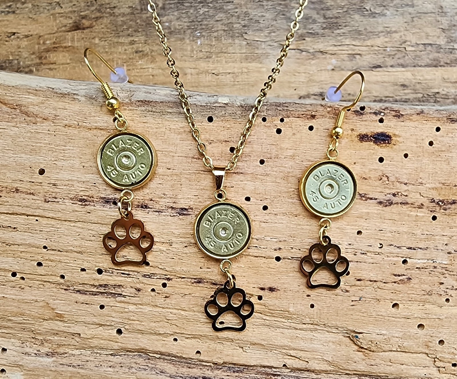 Gold Stainless Bullet Necklace and Earrings with Paw Charms. Optional Color