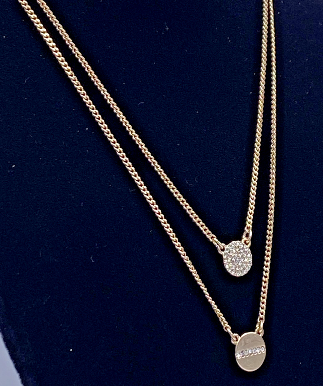 DKNY Gold Tone Crystal Pave Pendant Two Row Necklace 16″ + 3″ ext. NWT Gift Box