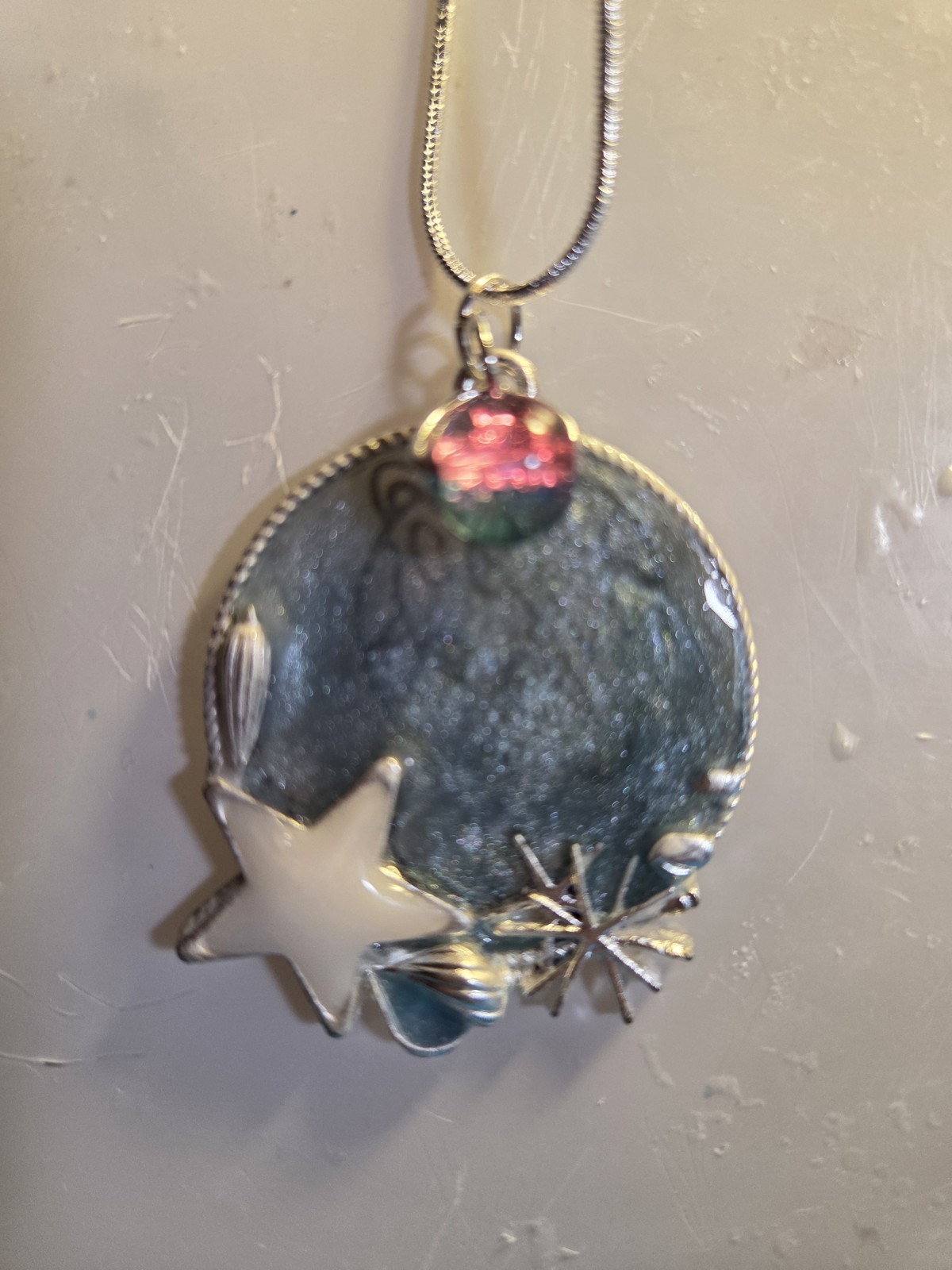 Handmade Resin Necklace, Sparkling Blue Celestial, Sterling Silver 18″ Chain