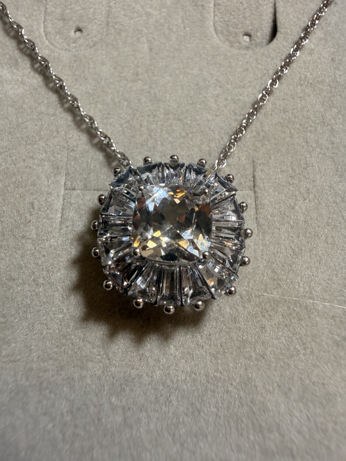 Zales White Sapphire Sunburst Frame Sterling Silver Pedant Necklace NWT