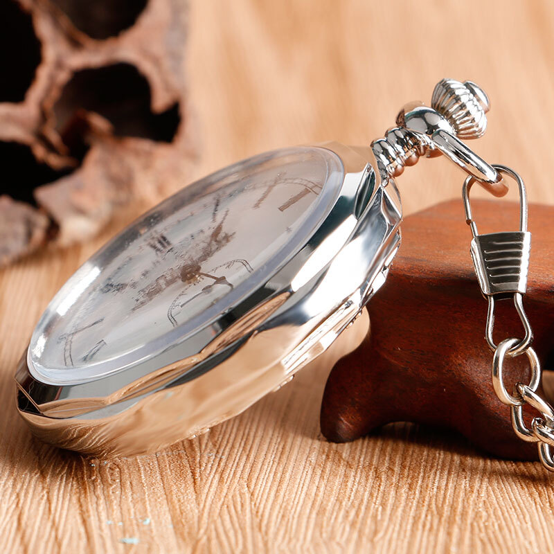 Silver Hand Winding Pocket Watch with Chain Open Face Railway Engine Mechanical