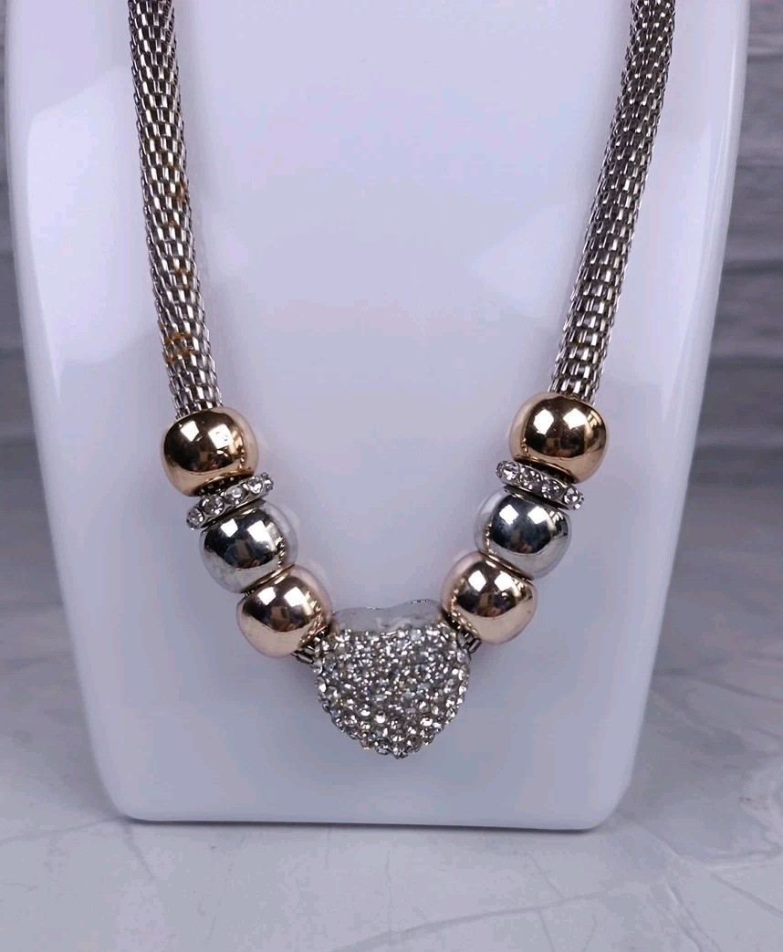 Snake Chain Necklace Silver Tone Diamante Heart Charm Copper/Silver Beads 20″