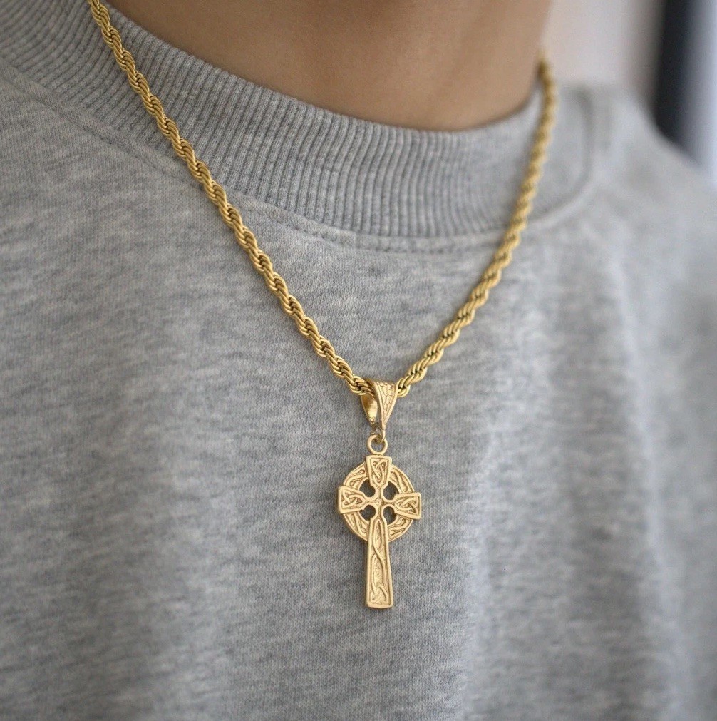 Gold Celtic Cross Necklace, 4mm French Rope Chain, 14k Heavy Plated Gold