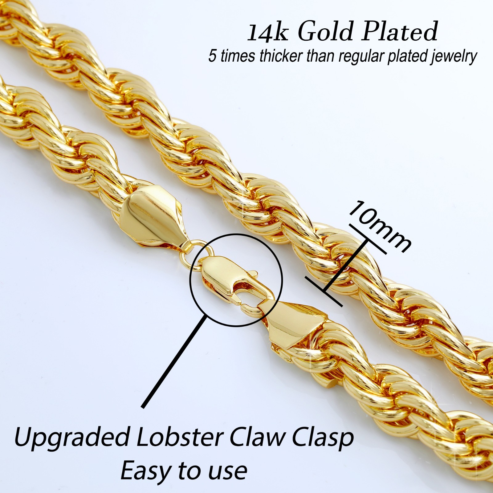 Rope Chain Necklace 10mm 30″ Gold Plated Silver Black & Rose Men Hip Hop Jewelry