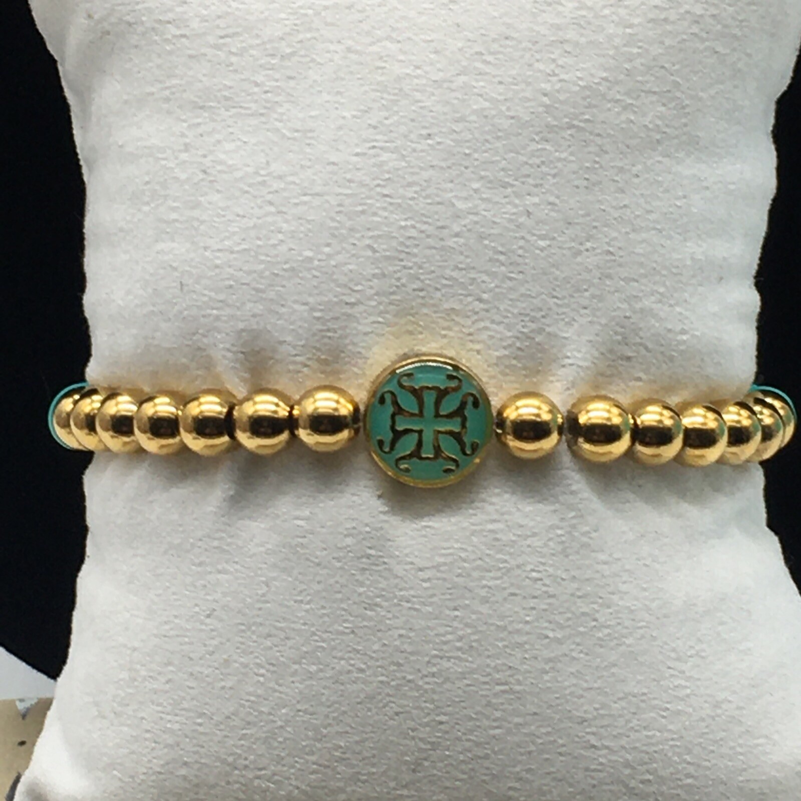 Rustic Cuff Mini Melanie Gold Tone Bracelet Teal Silicone Beaded Charm Logo