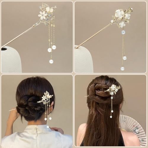 2Packs Lily of the Valley Chinese Hair Sticks for Buns, Pearl Flower beige