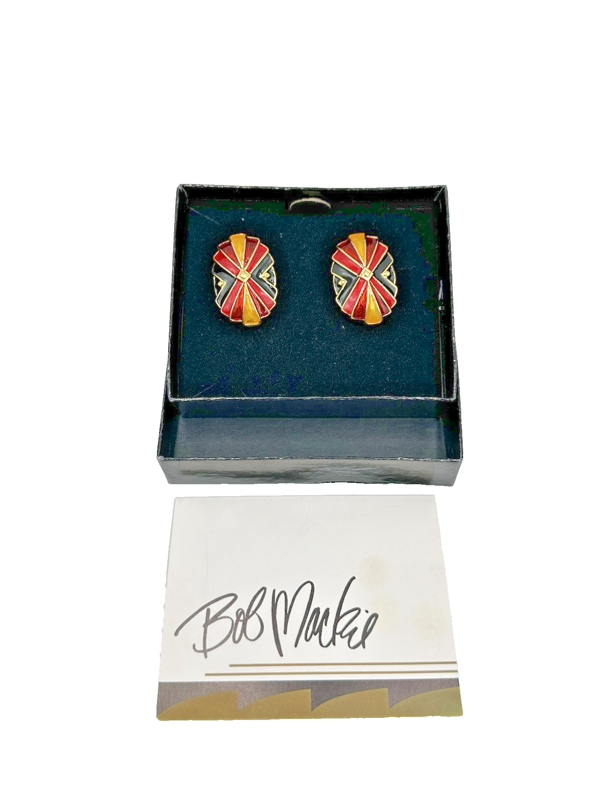 Bob Mackie Art Deco Red Black Yellow/Gold Enamel Clip On Earrings