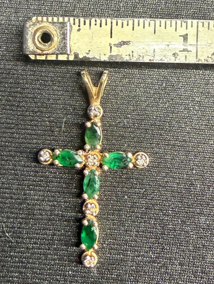 14k Yellow Gold Emerald Cross (Pendant Only, No Chain).