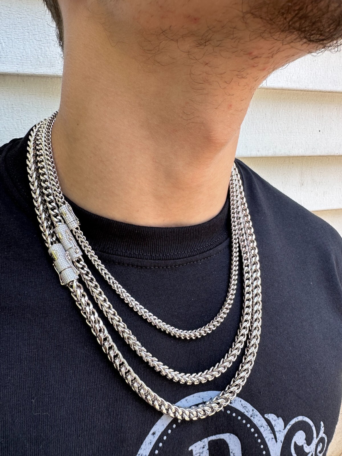 Iced MOISSANITE Clasp Stainless Steel & 925 Silver Franco Chain Necklace 4-6mm