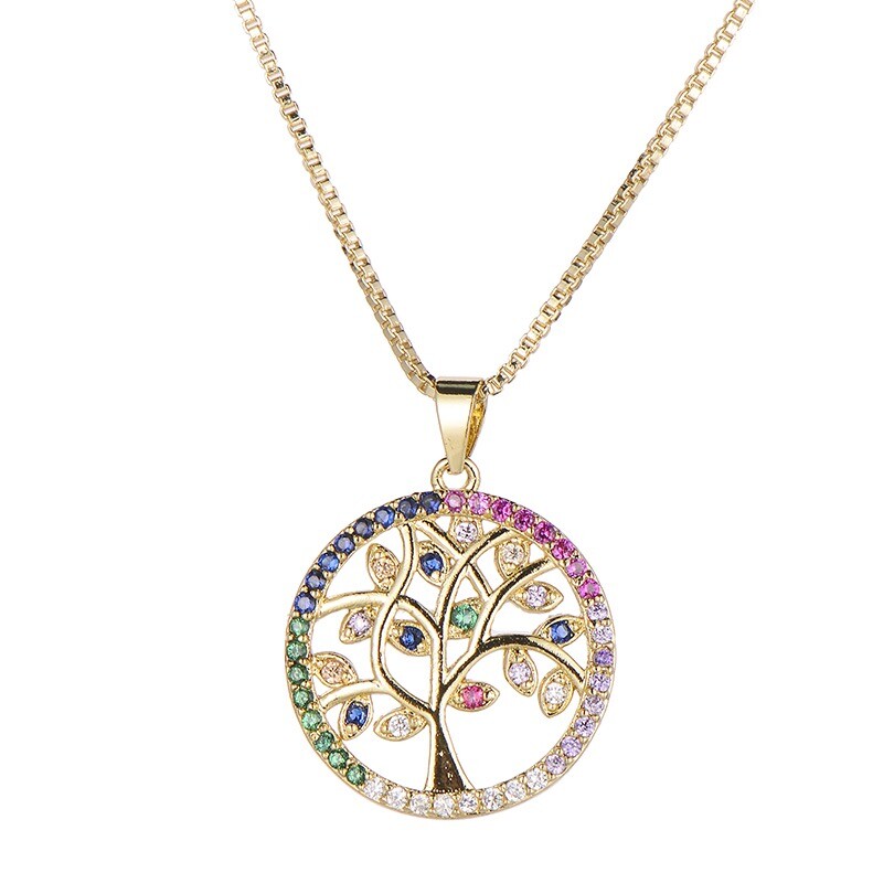 ZARD 12K Gold Plated Family Tree Pendant Muti-Color CZ Tree of Life Necklace
