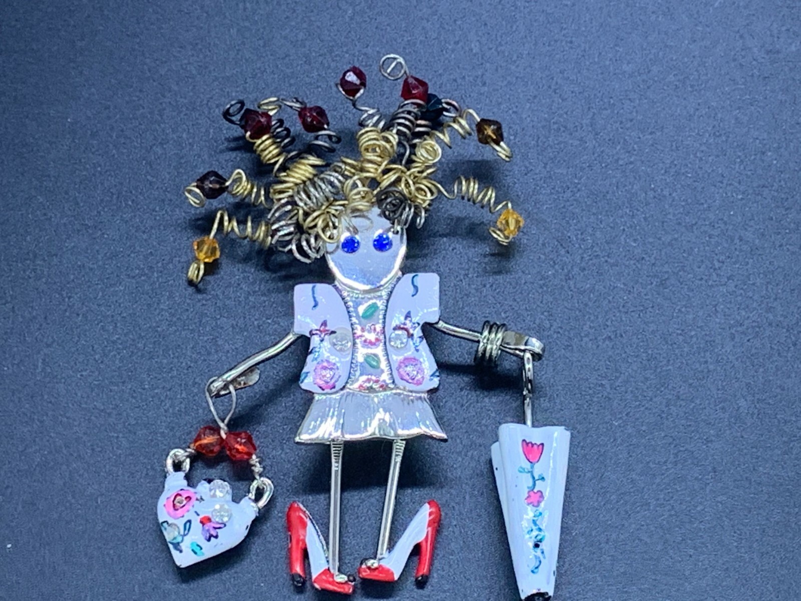 MODERNIST ARTS CRAFTS PORCELAIN METAL SPRING BEAD GIRL PURSE UMBRELLA BROOCH