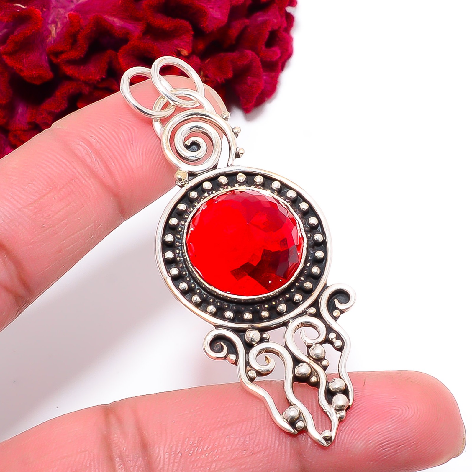Red Garnet Designer Handmade 925 Sterling Silver Pendant 2.34″ P1017896767