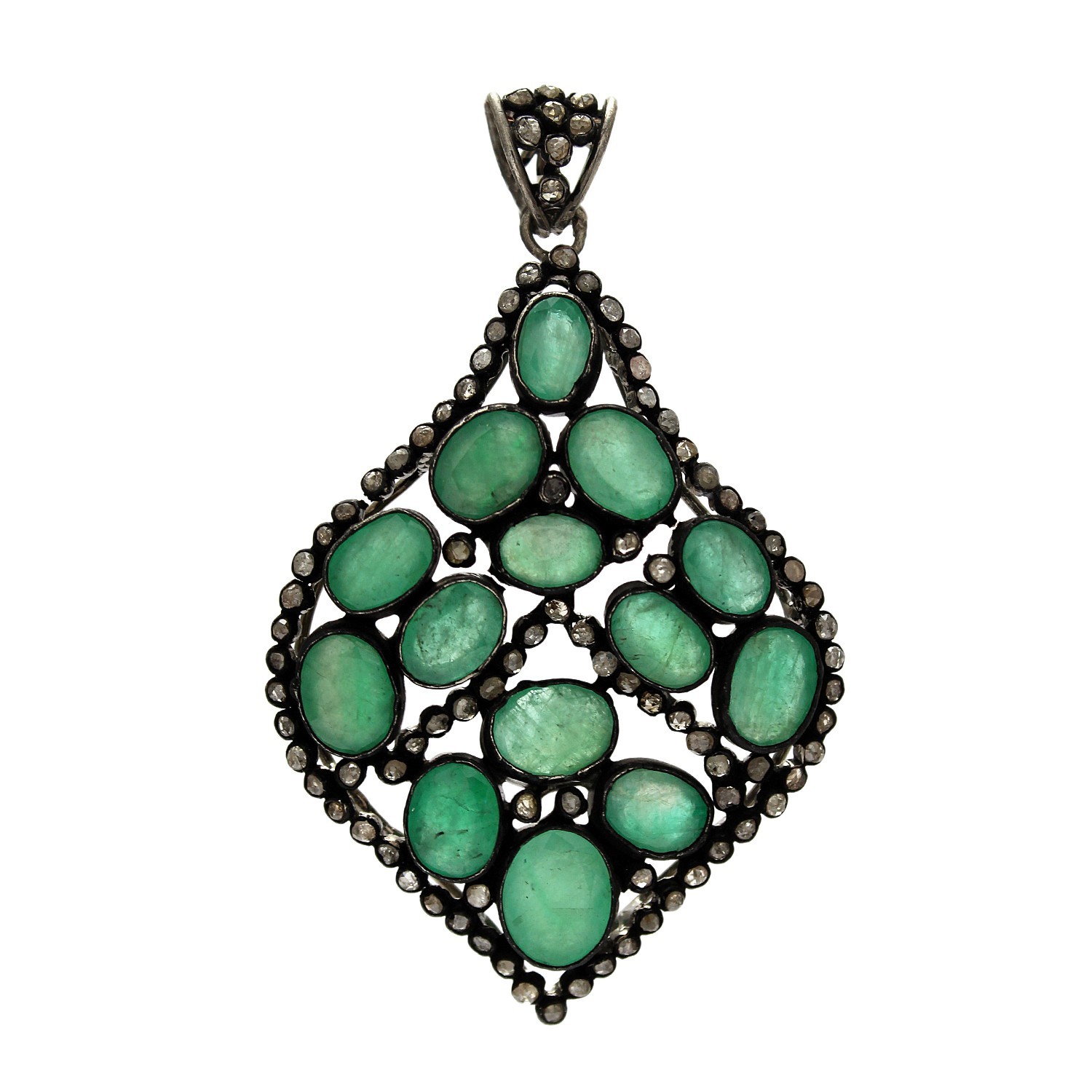 Natural Emerald & Rose Cut Diamond Pendant 925 Sterling Silver Handmade Gift