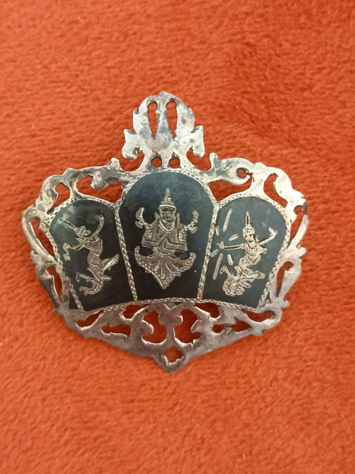 Vintage Siam Sterling Niello Brooch- Ramasoon & Mekhala Thai Mythology Story Pin