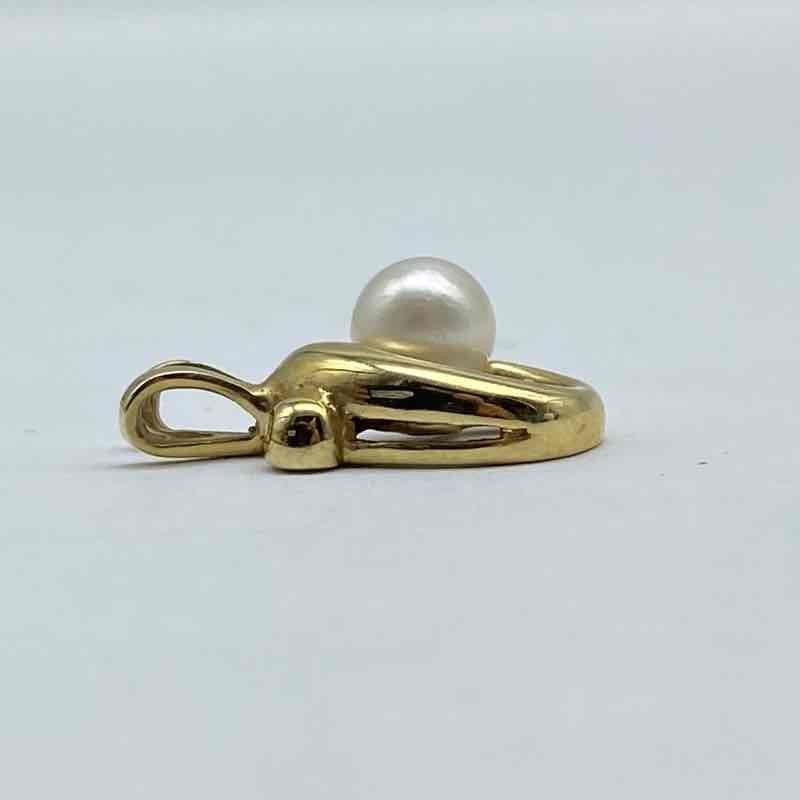 14K Yellow Gold 5.4mm Cultured White Pearl Swirl Pendant Modernist 1.8g