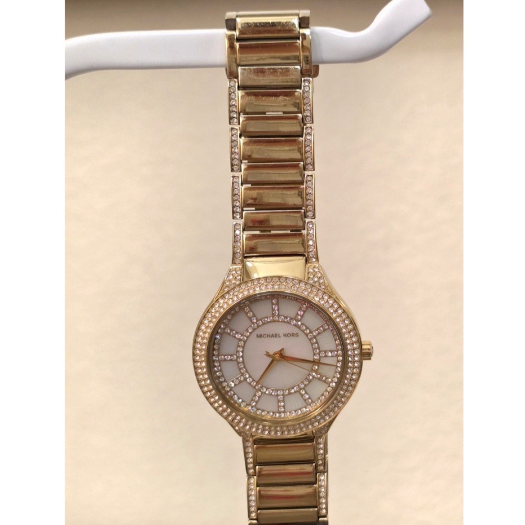 Michael Kors Gold Tone Crystal Pave Mother of Pearl MK Bracelet Watch