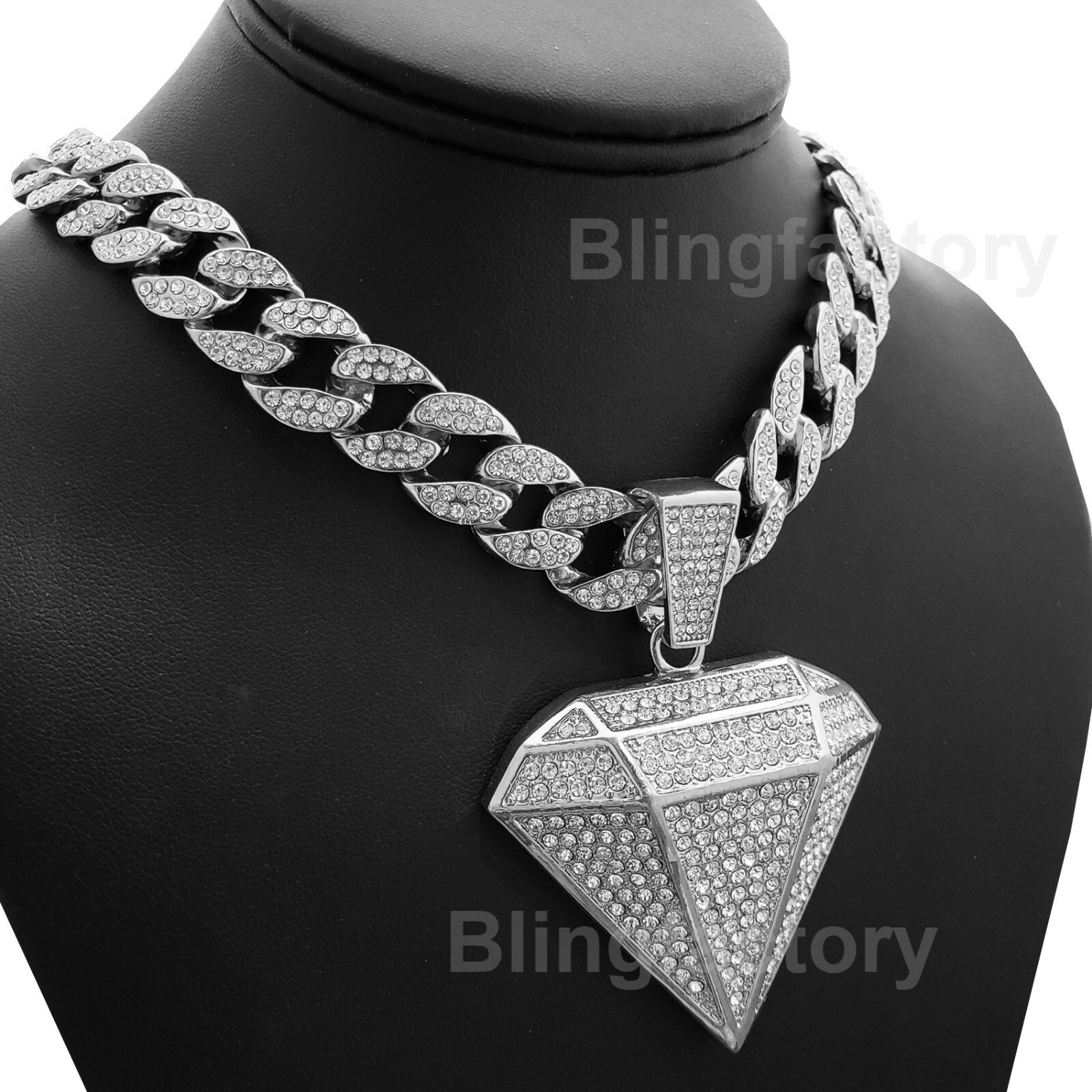 Silver Plated Alloy Iced Diamond Shape & 18″ Cubic Zirconia Cuban Chain Necklace