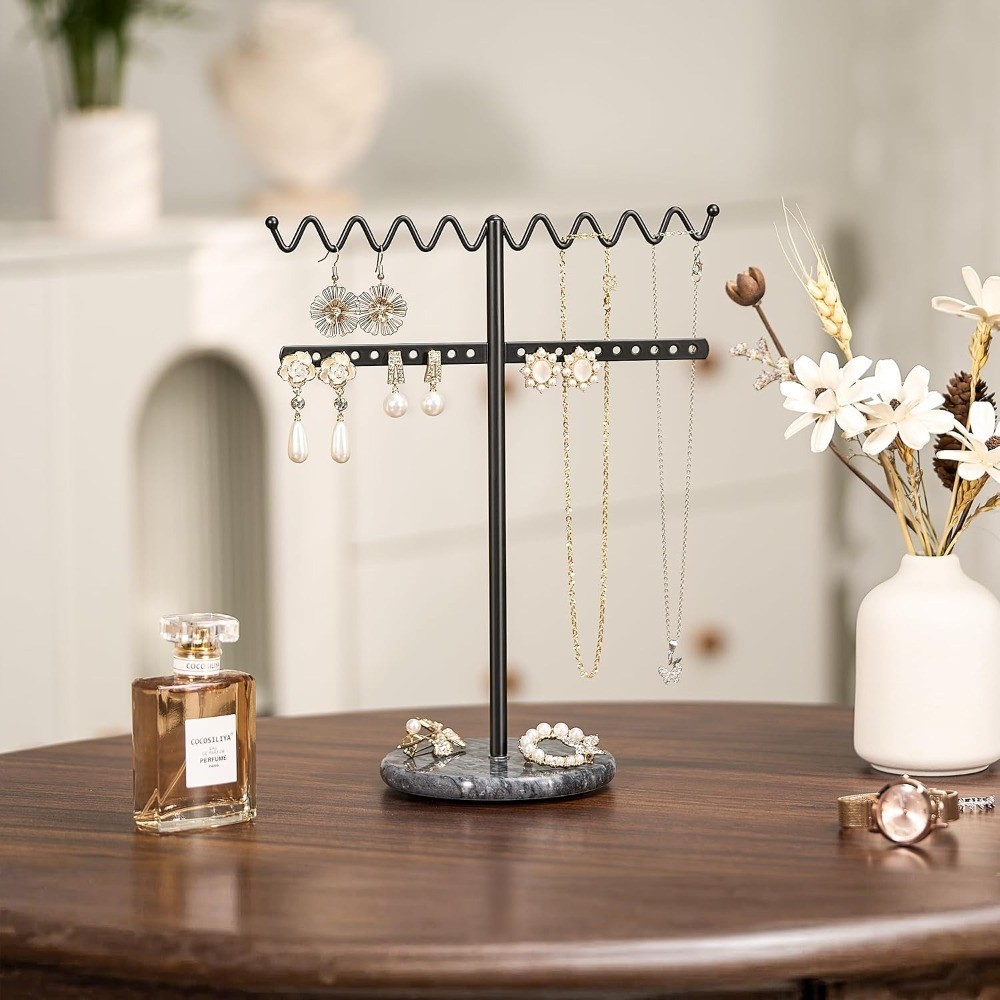 Jewelry Stand Necklace Holder, Black Metal Jewelry Organizer with Wavy Necklace