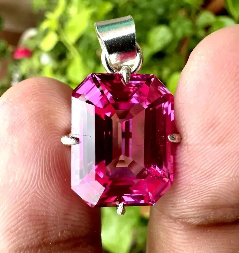 Natural Pink Sapphire 32 Ct Emerald Cut 925 Solid Silver Pendant Gemstone