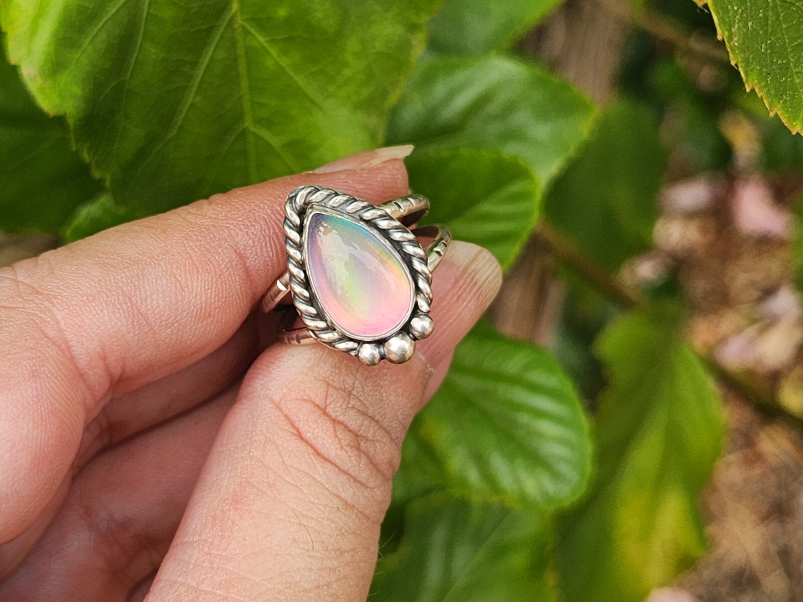 Aurora Opal Handmade Sterling Silver Ring, Statement Jewellery Jewelry Size 8.25