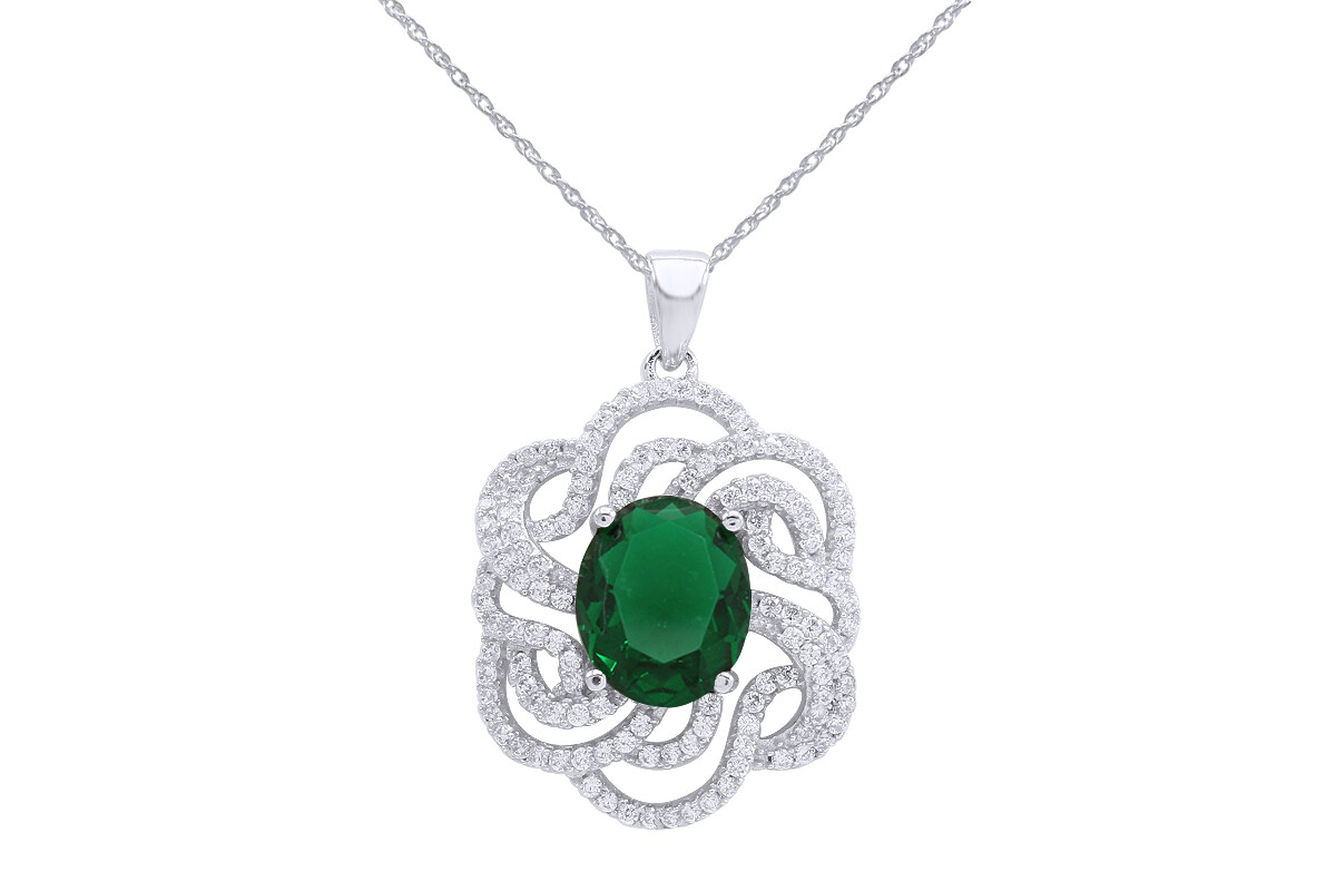 Emerald & CZ Flower Pendant Earrings Ring Set 14K White Gold Plated Silver