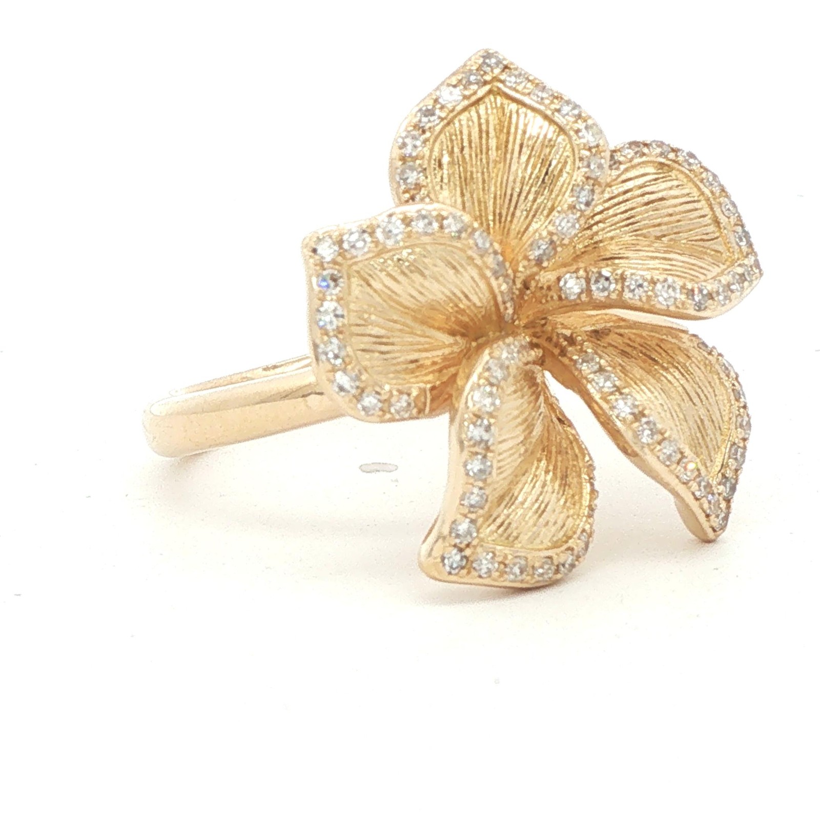 EFFY 14K Gold Pave Round Diamond Accent 5-Petals Ribbed Flower Statement Ring