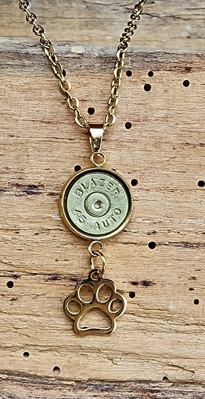 Gold Stainless Steel Bullet Necklace with Puppy Paw Charms. Optional Color.