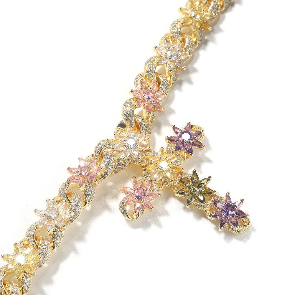 Hip-hop Chain Bling Rainbow Colored CZ Floral Necklace Heavy Gold Plated