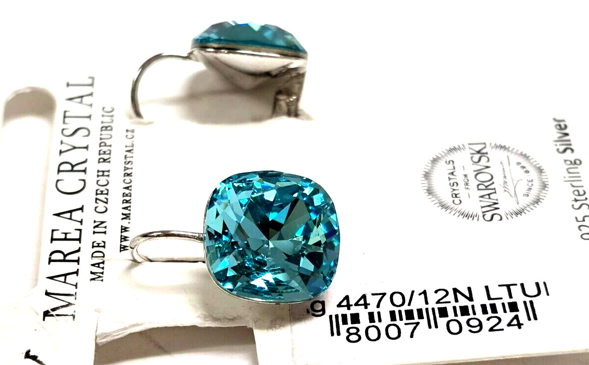 NEW MAREA STERLING SILVER SQUARE SKY BLUE SWAROVSKI CRYSTAL DROP EARRINGS